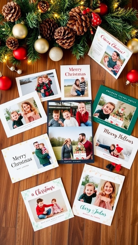 Creative Christmas Card Ideas for a Family of 6 A collection of colorful Christmas cards from a family of six on a wooden table with holiday decorations.